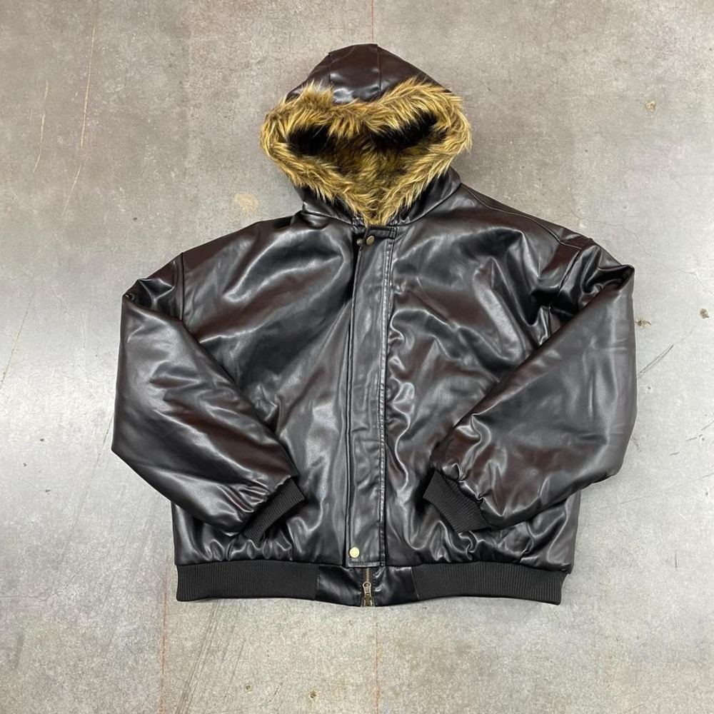 Vintage Brown Faux Leather Bomber Jacket Fur Lined Hood Women's‎ Sz L/XL